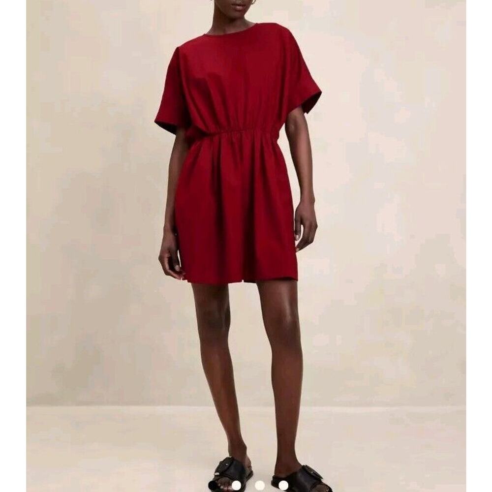 NEW Banana Republic Short Sleeve Poplin Mini Dress XL Red Currant Cotton Pockets